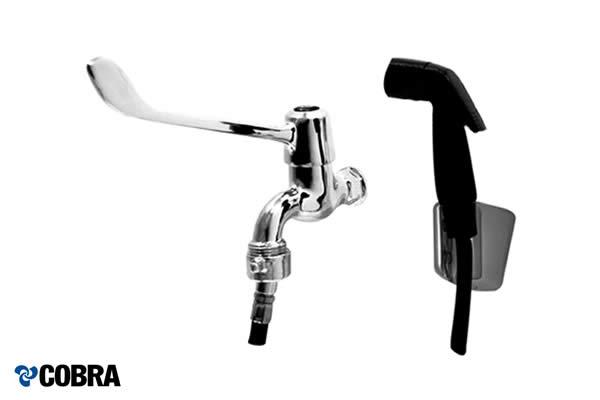Elbow action bib tap with trigger control handshower set with blue indice.¼ turn ceramic disc.½ BSP male connection inlet.SANS 226 TYPE 2.