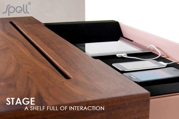 The 'STAGE' Interactive Shelf is an elegant meeting place for all your re-chargeable handheld devices.  The Stage Interactive Shelf is easy to mount on most common walls and in the living room, in the hallway, next to the sofa or two on each side of your bed. 